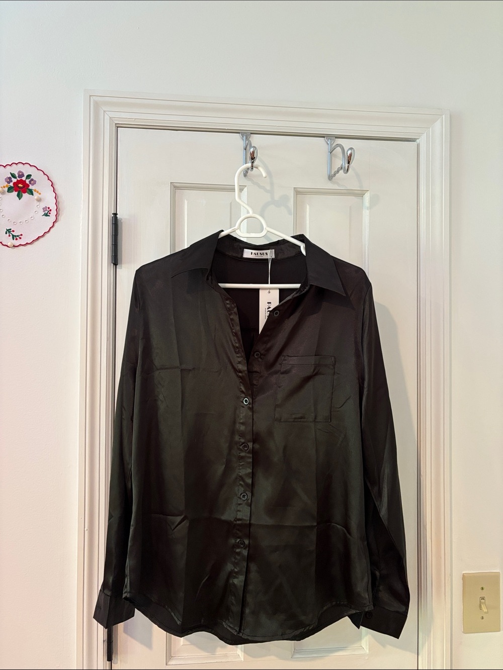 Babaton Black Satin Button-Up Shirt
